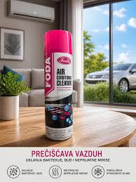 Foda air conditioner cleaner can on a table with a car visible through a window.