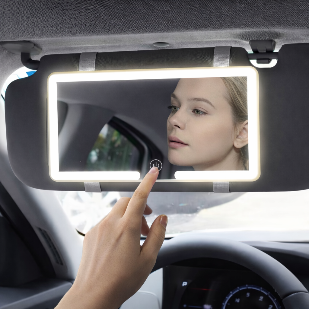 LED ogledalo za šminkanje u autu – 1000 lumena osvetljenja, podesiva bela svetlost 2600–6000K i touch kontrola