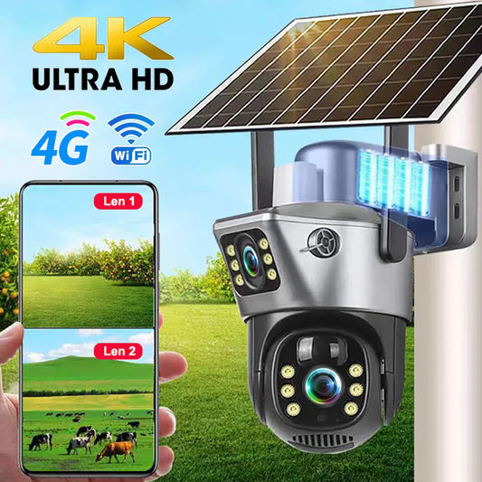 Spoljna Solarna 4G Kamera sa Duplim Sočivom – 4K Ultra HD, SIM Kartica, Video Nadzor Bez Struje