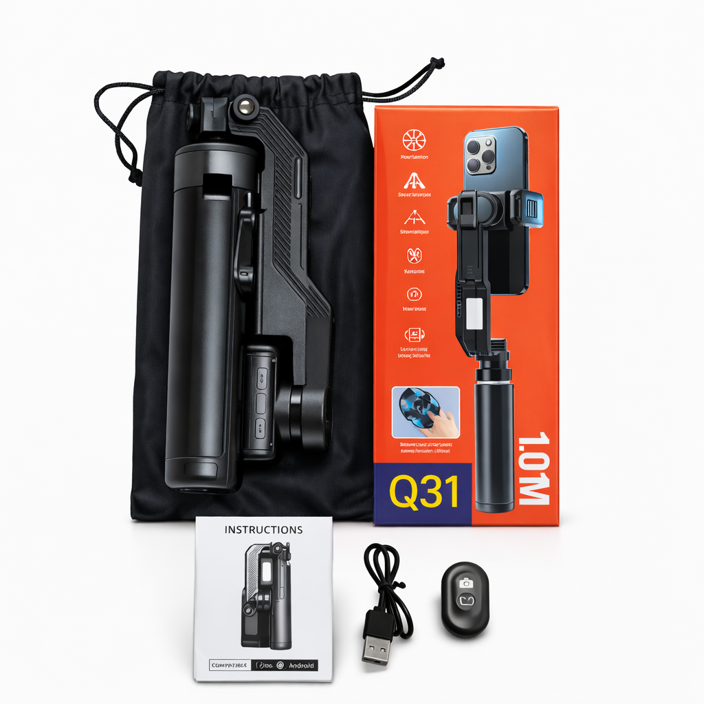 AI gimbal stabilizator 4u1 – tripod, AI stabilizacija u pokretu, rotacija 360°, 3 moda LED svetla,