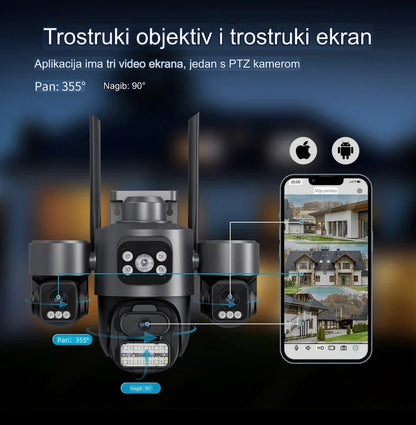 Camera system with smartphone app displaying surveillance footage on a dark background