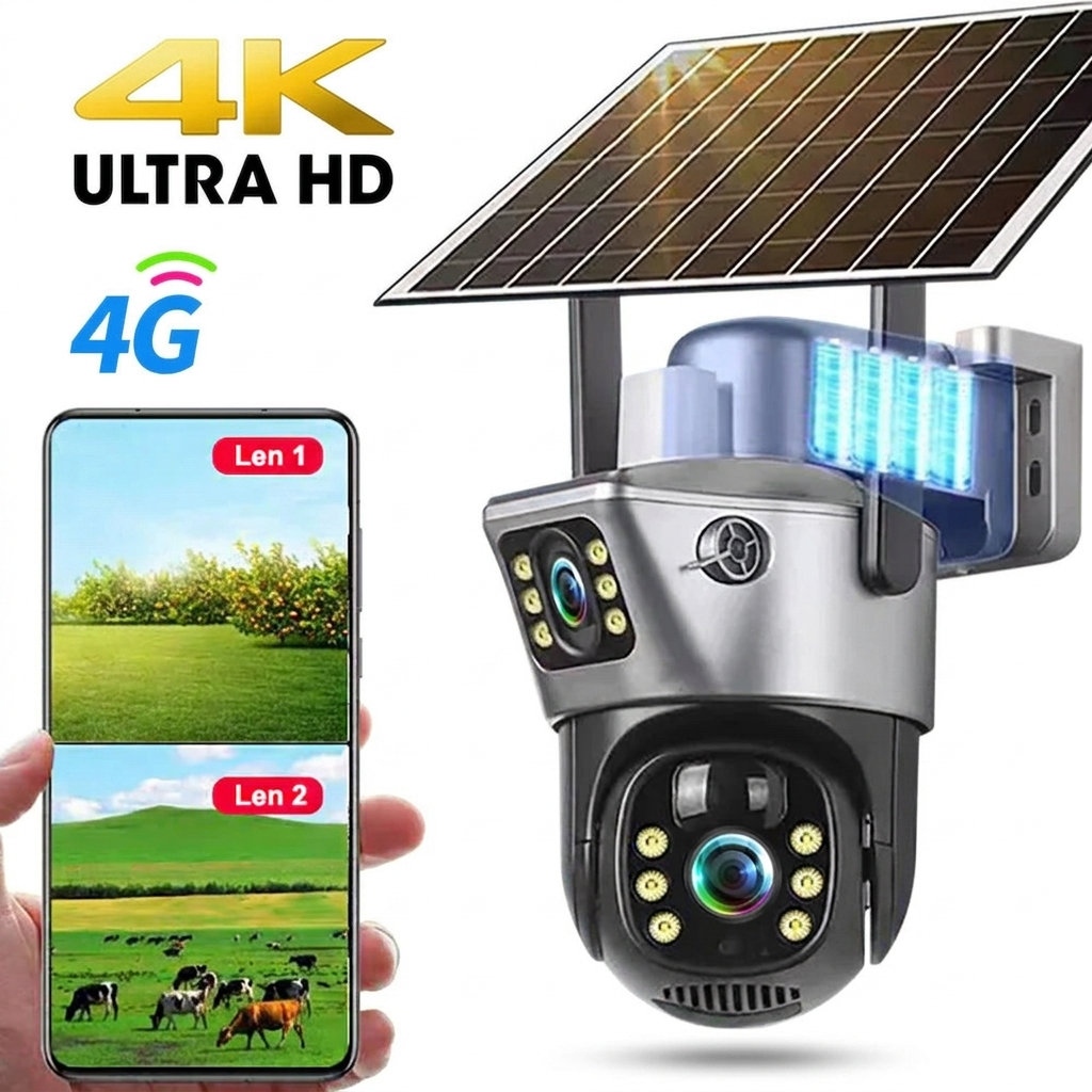 Spoljna Solarna 4G Kamera sa Duplim Sočivom – 4K Ultra HD, SIM Kartica, Video Nadzor Bez Struje
