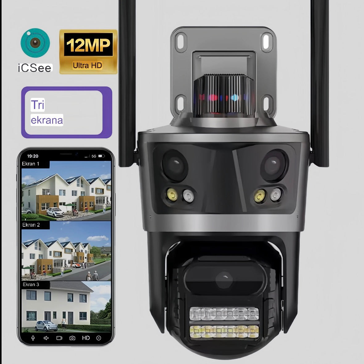 PTZ & WIFI kamera sa 3 sočiva - 3 ekrana, 12MP, praćenje objekta, sirena i noćni mod