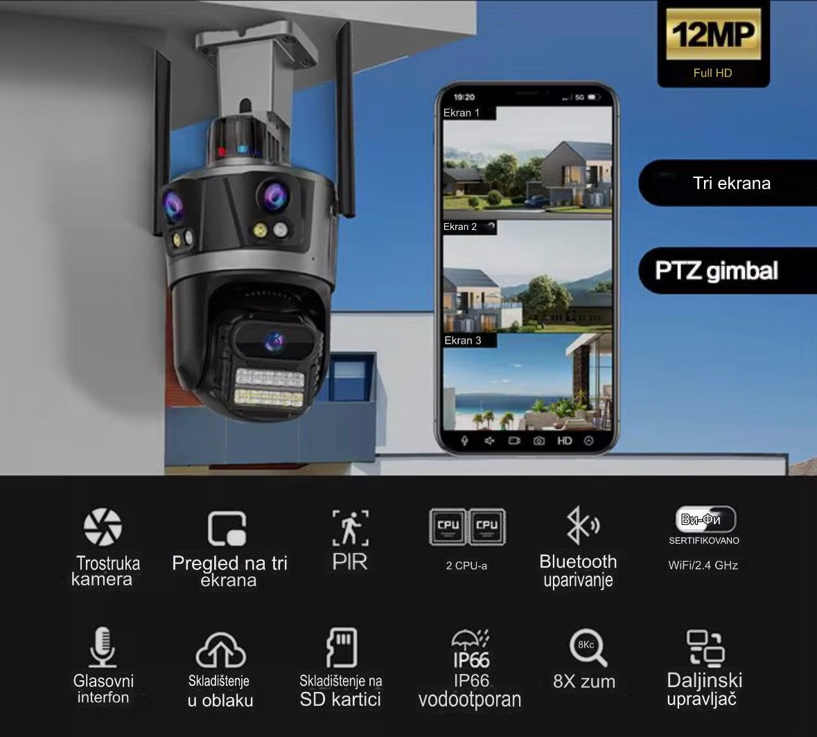PTZ & WiFi kamera sa 3 sočiva - 3 ekrana, 12MP, praćenje objekta, sirena i noćni mod