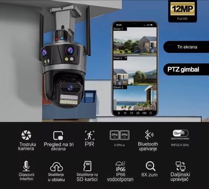 PTZ & WiFi kamera sa 3 sočiva - 3 ekrana, 12MP, praćenje objekta, sirena i noćni mod