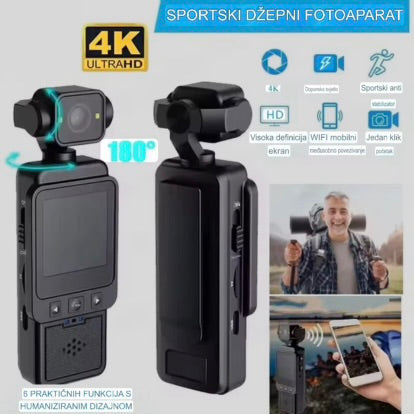 Mini prenosiva 4K WiFi kamera - Snimi u 4K Full HD-u sa rotacijom od 180°/90°, 7h snimanja sa baterijom od 1000mAh, blic, ekran 1,6 inča