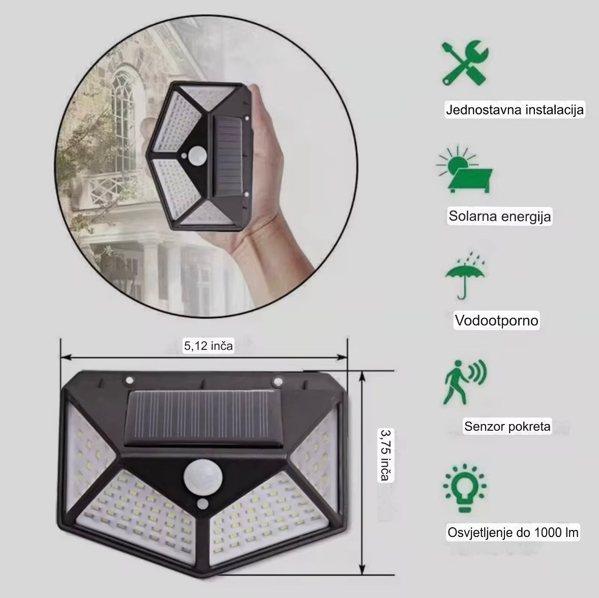 Solarna zidna lampa - baterija 1200mAh, otporna na sve vremenske uslove, domet senzora 5-8 metara