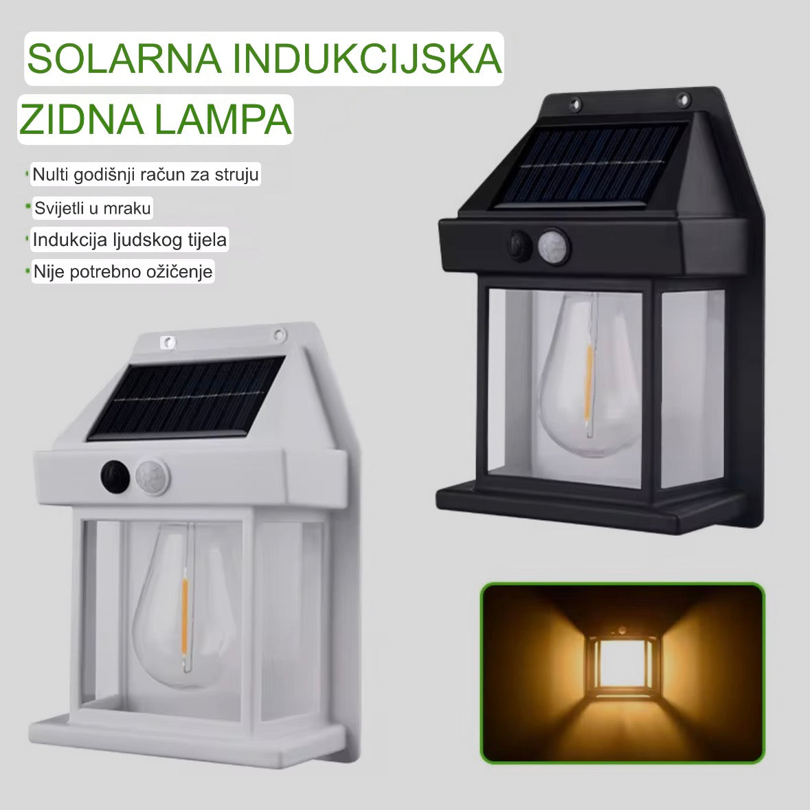Solarna zidna lampa za kuću- baterija 1800mAh, otporna na sve vremenske uslove, domet senzora 3-5m