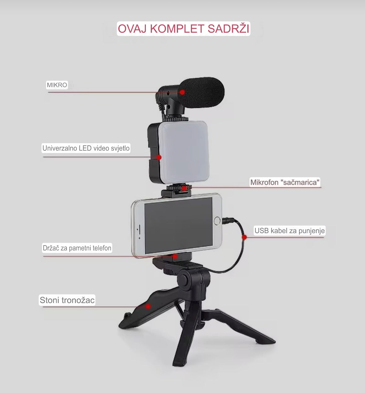 Profesionalni set za snimanje i vlogovanje - kompletan 5u1 video set za telefon – stabilna slika, čist zvuk i savršeno osvetljenje.