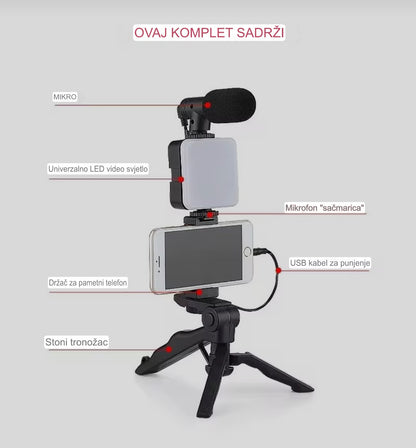 Profesionalni set za snimanje i vlogovanje - kompletan 5u1 video set za telefon – stabilna slika, čist zvuk i savršeno osvetljenje.