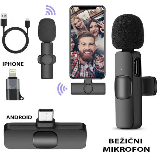 Bežični mikrofon za telefon- kristalno čist zvuk bez šuma, stabilno bežično snimanje bez kablova, do 8h snimanja bez punjenja, domet do 30m