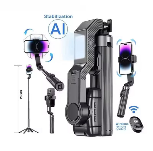 AI Gimbal Stabilizator 4u1 – Tripod, AI stabilizacija u pokretu, rotacija 360°, 3 moda LED svetla,