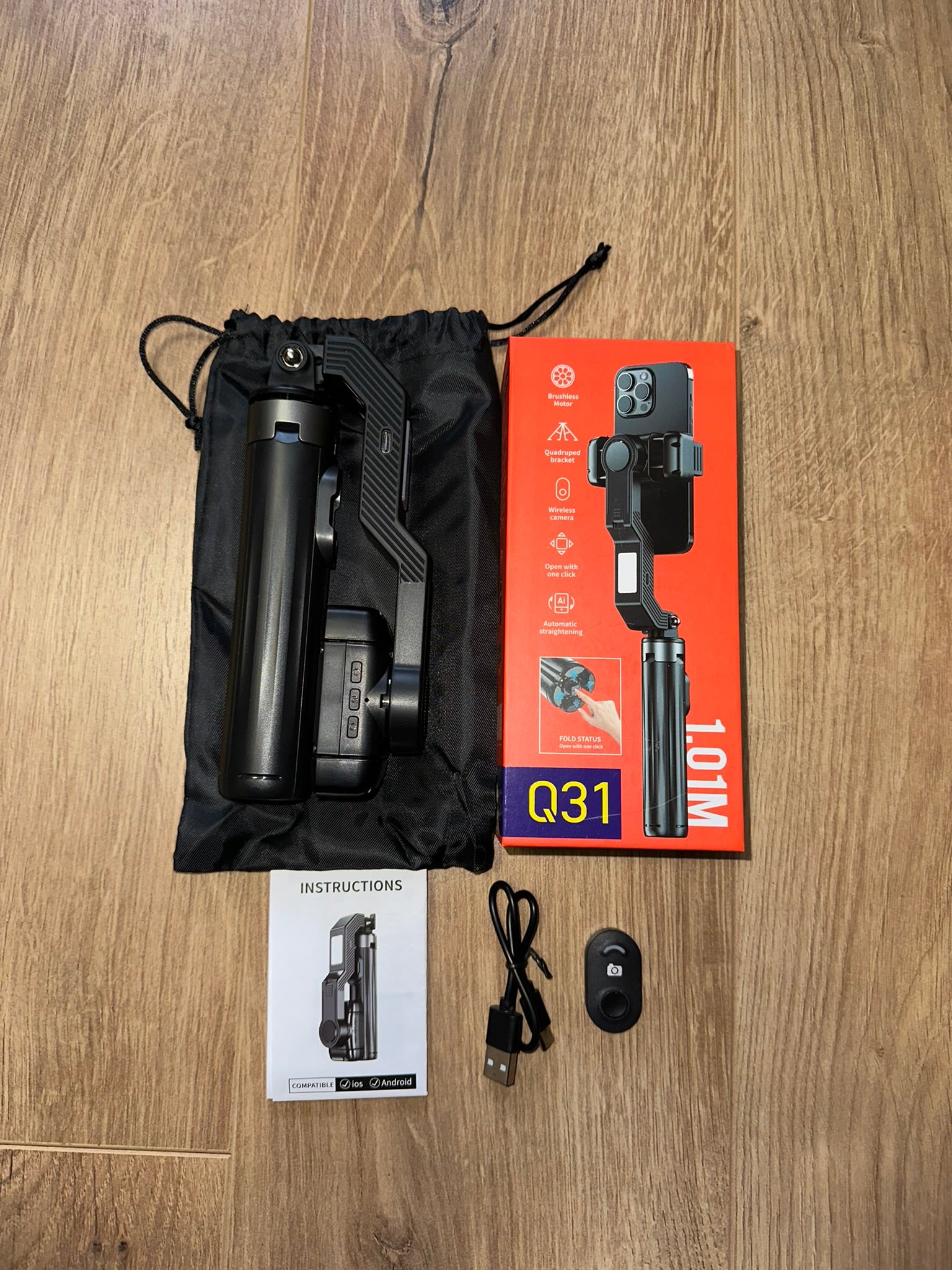 AI Gimbal Stabilizator 4u1 – Tripod, AI stabilizacija u pokretu, rotacija 360°, 3 moda LED svetla,