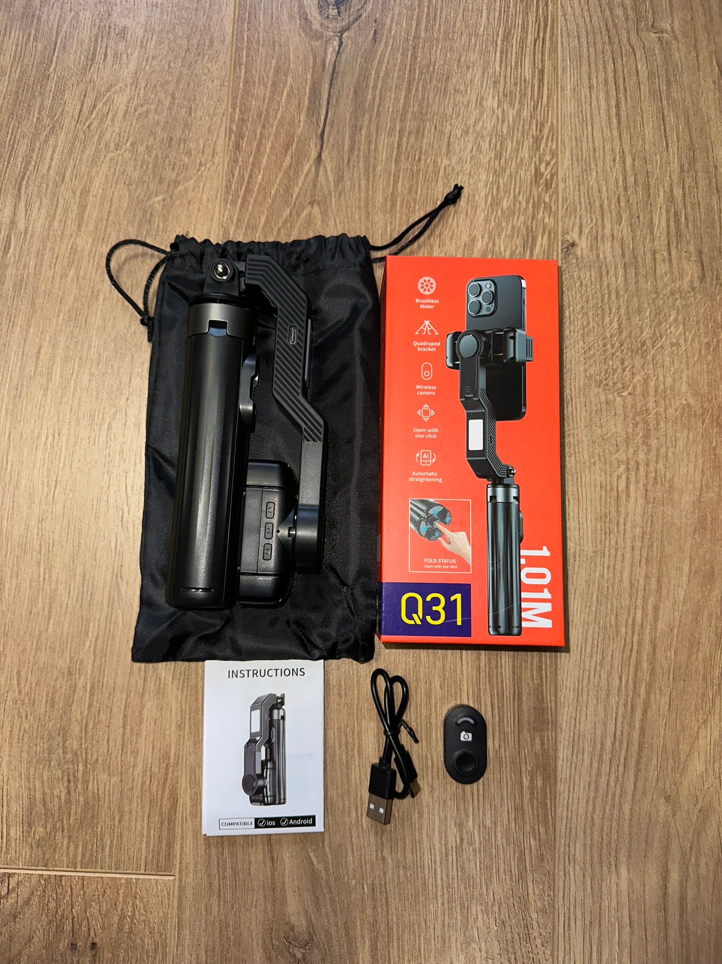 AI gimbal stabilizator 4u1 – tripod, AI stabilizacija u pokretu, rotacija 360°, 3 moda LED svetla,