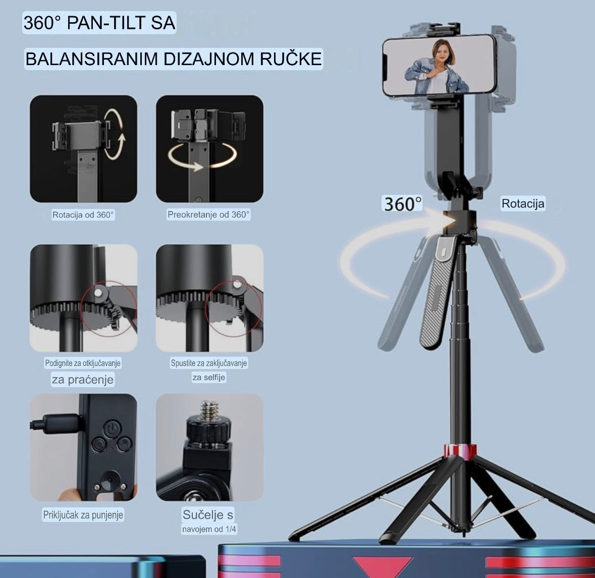 AI Gimbal Stabilizator za Telefon – Profesionalni Tripod Stalak 1.8m, Pametno Praćenje 360° i Bluetooth Daljinski