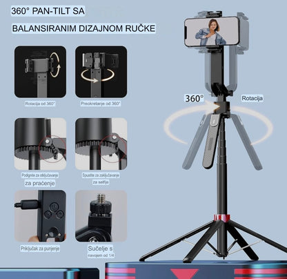 AI Gimbal Stabilizator za Telefon – Profesionalni Tripod Stalak 1.8m, Pametno Praćenje 360° i Bluetooth Daljinski