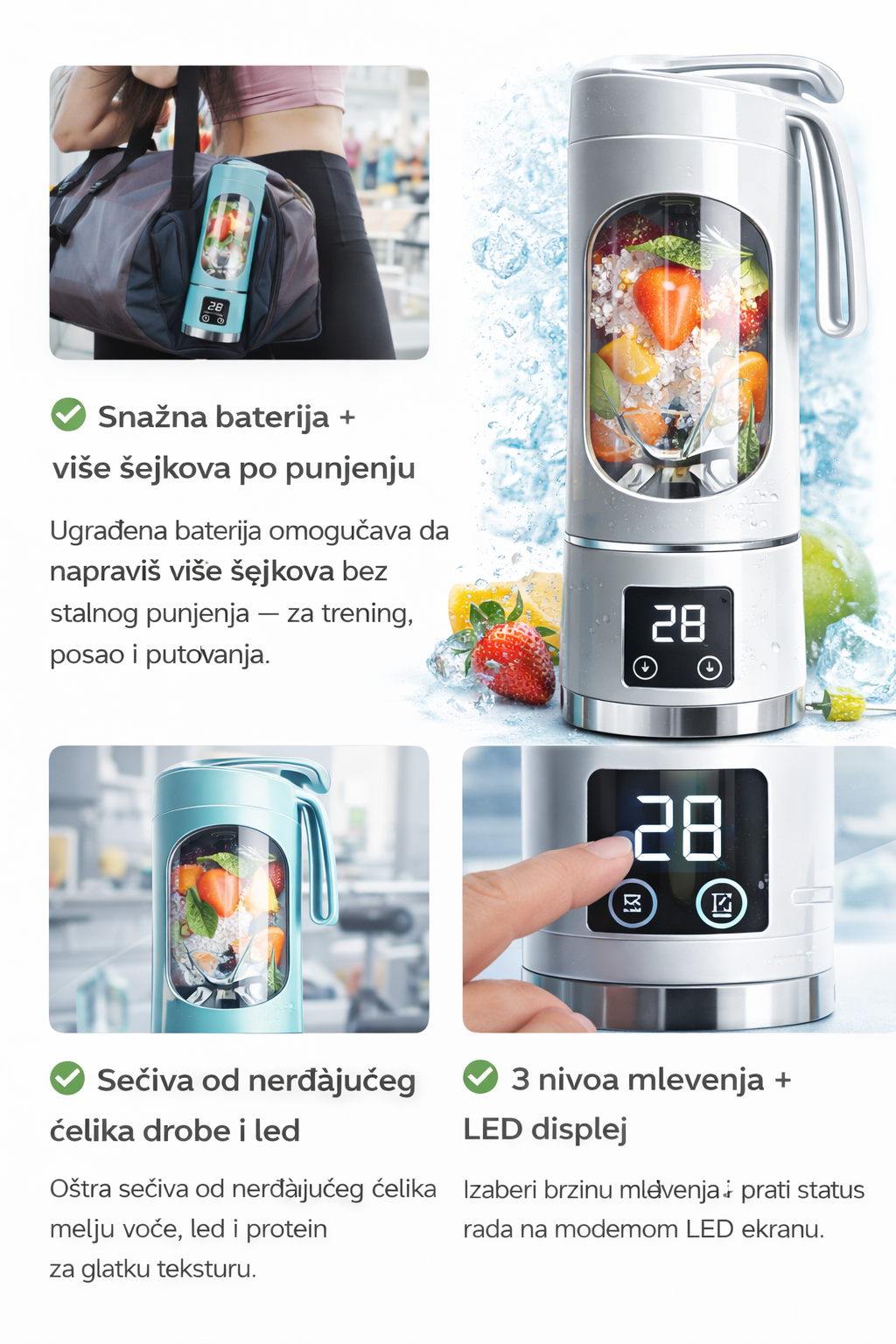 Prenosivi bežični sokovnik– snažan, punjiv i uvek spreman za sokove, smutije i proteinske šejkove, čelični noževi za savršeno blendanje