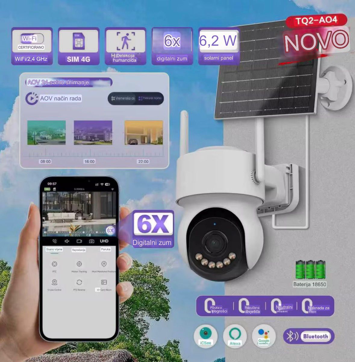 Solarna kamera sa 4G i sim karticom- PTZ 360°, baterija 10000mAh, radi u potpunom mraku ima ultra noćni vid i detekciju pokreta