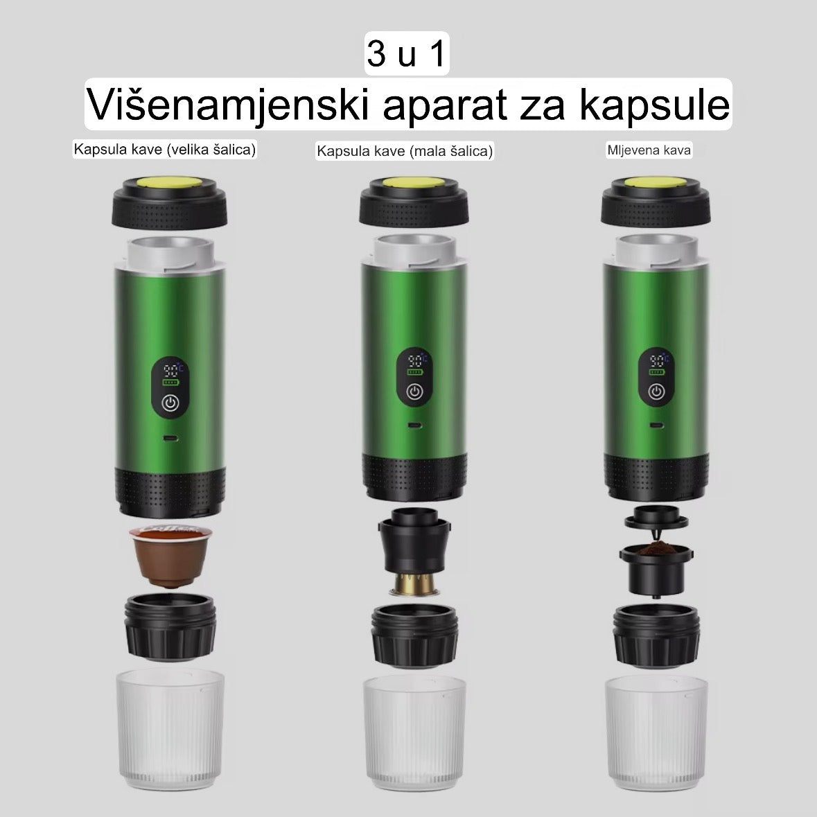 Prenosivi Espresso aparat za kafu - Pritisak od 20 bari, podržava 2 vrste kapsula i mlevenu kafu