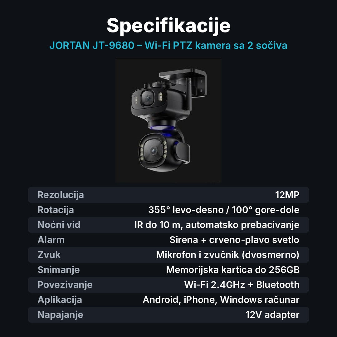 WiFi kamera za video nadzor sa 2 sočiva 12MP – okretanje 355°, sirena i noćni vid