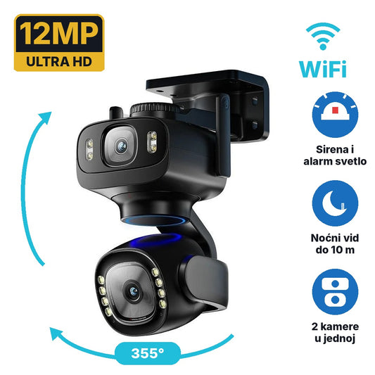 WiFi kamera za video nadzor sa 2 sočiva 12MP – okretanje 355°, sirena i noćni vid